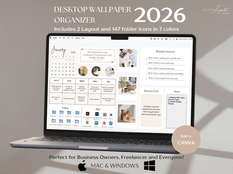 K&ouml;nnte beinhalten: Ein Laptop mit einem Desktop-Wallpaper-Organizer f&uuml;r 2026. Der Bildschirm zeigt einen Kalender, eine monatliche &Uuml;bersicht, Gesch&auml;ftsziele und Notizen. Das Design umfasst 2 Layouts und 147 Ordnersymbole in 7 Farben. Der Text lautet: "Perfekt f&uuml;r Gesch&auml;ftsinhaber, Freiberufler und alle!"