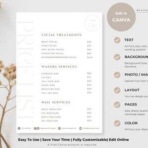 Minimalist Small Business Price List Template, Printable Beauty Salon Price Sheet,Editable Canva Template, Nail Service, 5x7 US Letter A4 A5