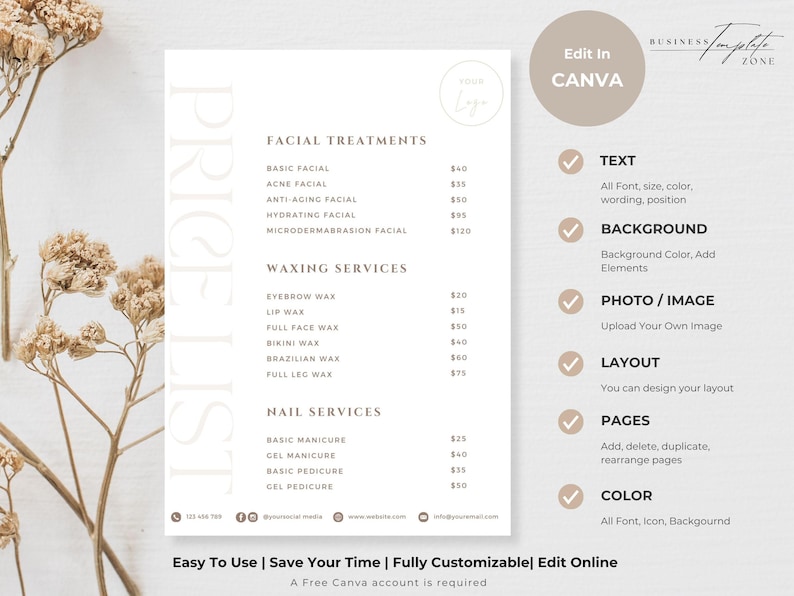 Minimalist Small Business Price List Template, Printable Beauty Salon Price Sheet,Editable Canva Template, Nail Service, 5x7 US Letter A4 A5