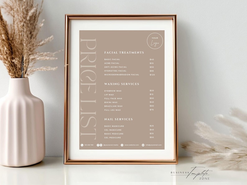 May include: A beige and white price list for a beauty salon. The price list is framed in a gold frame and is hanging on a wall. The price list includes prices for facial treatments, waxing services, and nail services.