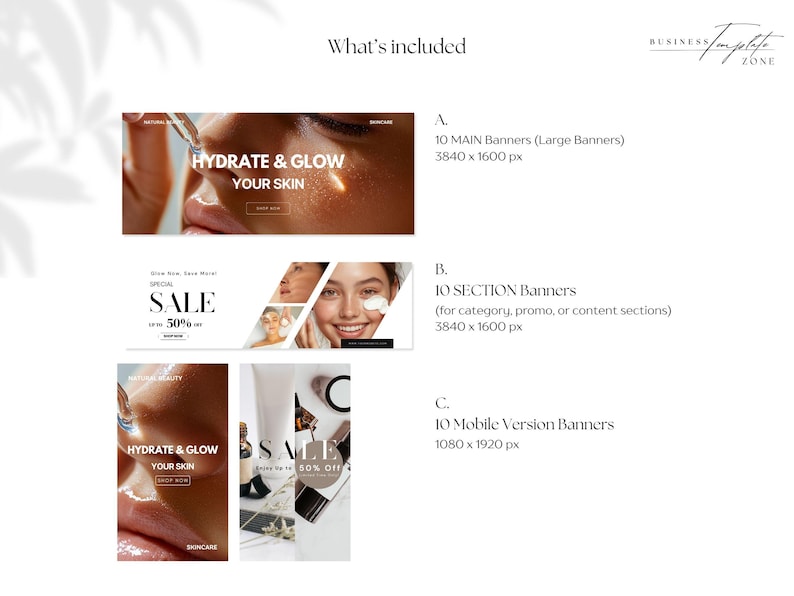 Skincare Website Banners Template Set For Skin Care Online Store Web Banner, Pre-made Shopify Wix Banners, Beauty Branding, Makeup, Canva