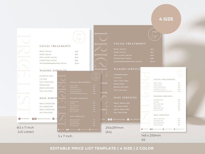 Minimalist Small Business Price List Template, Printable Beauty Salon Price Sheet,Editable Canva Template, Nail Service, 5x7 US Letter A4 A5