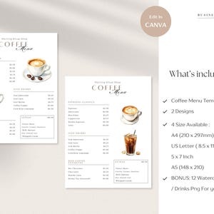 Coffee Menu Template, Editable Cafe Price List, Drink Menu Sign, Espresso List, Coffee Shop Board, Restaurants Bars, A4, A5, US Letter, 5x7