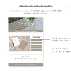 May include: A digital download thank you page with a light brown background. The page includes a message that says "Thanks for Your Purchase!" and a list of downloadable files. The page also includes a message that says "Click the button to access the template" and a message that says "Thank You for Visiting!"