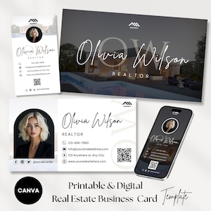 Luxus-Immobilien Visitenkartenvorlage, Maklerkarte mit Foto, zweiseitig bearbeitbares Canva-Design, mobil digital, QR-Code für das Marketing