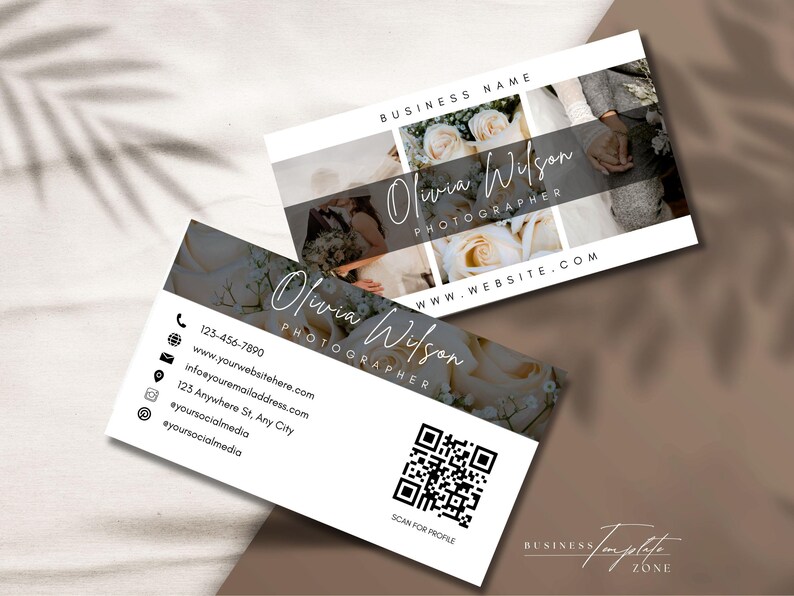 May include: White business card with a black and white photo of a couple on the top half. The bottom half has the text "Olivia Wilson Photographer" and contact information including a phone number, website, email address, and social media handles. A QR code is in the bottom right corner with the text "Scan for Profile".