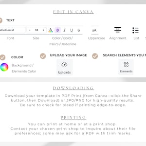 May include: A screenshot of a Canva template editor with instructions on how to download and print the template. The text says "Download your template in PDF Print (from Canva-click the Share button, then Download) or JPG/PNG for high-quality results. Be sure to check for bleed if printing edge-to-edge."