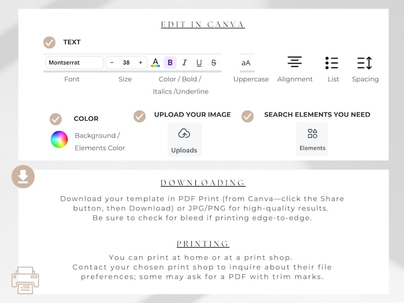 May include: A screenshot of a Canva template editor with instructions on how to download and print the template. The text says "Download your template in PDF Print (from Canva-click the Share button, then Download) or JPG/PNG for high-quality results. Be sure to check for bleed if printing edge-to-edge."