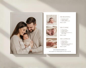 Plantilla de Canva para guía de precios de fotografía, folleto editable con lista de precios de sesiones, hoja de precios minimalista para fotos familiares de recién nacidos, descarga instantánea