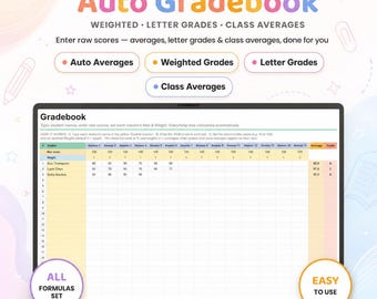 Libro de calificaciones automático en Google Sheets, Rastreador de calificaciones ponderadas, Plantilla de libro de calificaciones para profesores, Calculadora de calificaciones con letras, Promedios de clase, Excel