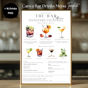 Bar Menü Vorlage, bearbeitbare Getränkepreisliste, Wein Bier Cocktails Menü Schild, druckbare Bar Tafel, Restaurants Bars, A4, A5, US Letter, 5x7