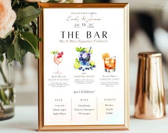 Signature Drink Sign Template | Wedding Bar Menu with Cocktail Clipart | His and Hers Reception Decor | Editable Canva