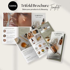 Plantilla de folleto tríptico para el cuidado de la piel / Folleto editable para spa de belleza / Marketing de bienestar para salones de estética / Folleto de productos cosméticos Canva
