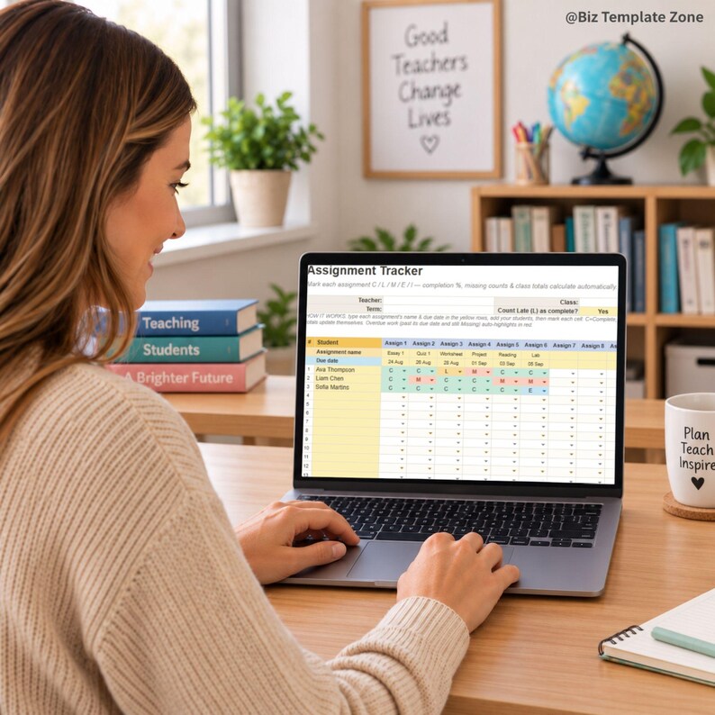 Puede incluir: Un ordenador port&aacute;til que muestra una hoja de c&aacute;lculo Assignment Tracker con columnas para nombres de estudiantes y estados de tareas. La pantalla muestra filas de datos con celdas codificadas por colores en amarillo, verde, rojo y azul.