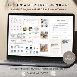 Papel de parede organizador de desktop 2027 para negócios, planejador de agenda semanal, calendário mensal, ícone de pasta, notas adesivas digitais, Mac e Windows