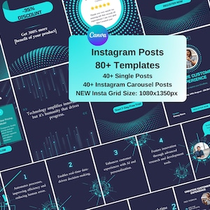 May include: A collage of 12 Instagram post templates in a blue and black colour scheme. The templates feature a variety of designs, including geometric patterns, text, and images. The text on the templates includes the words "Instagram Posts", "80+ Templates", "40+ Single Posts", "40+ Instagram Carousel Posts", and "NEW Insta Grid Size: 1080x1350px".