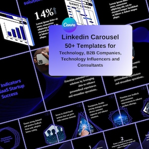 May include: A blue and black graphic design with the text "Linkedin Carousel 50+ Templates for Technology, B2B Companies, Technology Influencers and Consultants". The graphic design is divided into a grid of 12 squares, each with a different design. The squares are filled with a variety of abstract designs, including lines, circles, and squares. The text is in white and is centred in the middle of the graphic design.