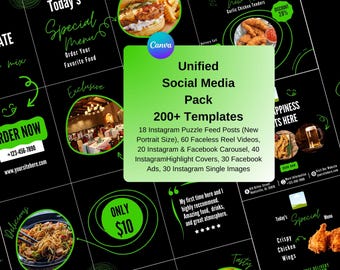 Streetfood, catering, restaurantmarketingbundel met canva-sjablonen voor sociale media. Gezichtsloze rollen, puzzelposts, carrousel en advertenties in één.