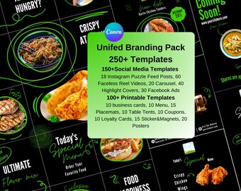 Restaurantmarketingbundel. Gezichtsloze rollen, puzzelposters, posters en menu's in één. Sjablonen voor voedselmarktprint en sociale media.