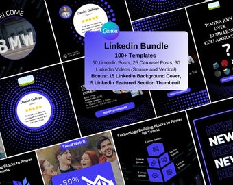 Linkedin-bundel in canva-sjablonen. Linkedin-berichten, banners, video's, carrouselberichten, alles in één. Het beste voor B2B-, SaaS- en technologiebedrijven.