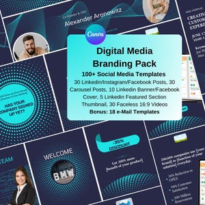 Puede incluir: Un paquete de marca de marketing digital con más de 100 plantillas de redes sociales, que incluyen publicaciones de Facebook, Instagram y LinkedIn, publicaciones de carrusel, portadas de banners, miniaturas de secciones destacadas y videos. El paquete también incluye 18 plantillas de correo electrónico. La imagen presenta un esquema de color azul y blanco con un patrón de puntos.