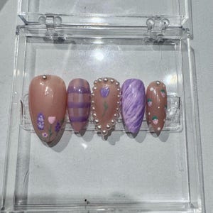 Floral Nails/ Spring Nails/ Purple Nails/ Flower Nails/ Strawberry Nails/ Custom Made Nails/ Press On Nails