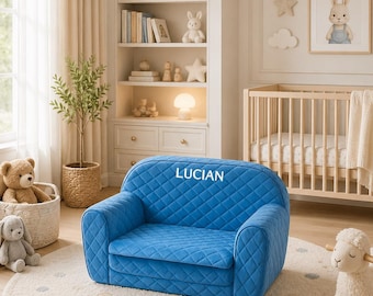 Personalized Toddler Fold Out Couch: Blue, Washable Quilted Slipcover