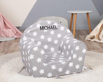 Personalized Foam Toddler Chair - Washable 100% Cotton Slip Cover, Lightweight Armchair, Perfect for Playrooms & Bedrooms - Gray with Stars