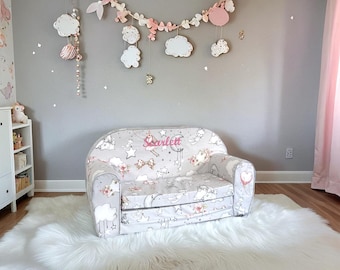 Personalized Toddler Fold Out Couch - Washable 100% Cotton Slip Cover, Lightweight, Perfect for Playrooms & Bedrooms - Sweet Dreams Bunny