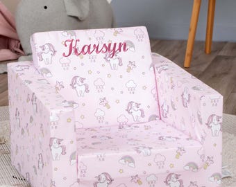 Personalized Toddler Fold Out Chair - Washable 100% Cotton Slip Cover, Lightweight, Perfect for Playrooms & Bedrooms - Unicorn Rainbow Pink