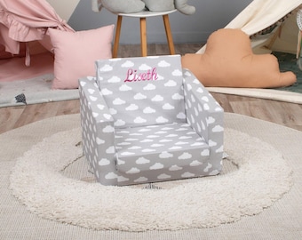 Personalized Toddler Fold Out Chair - Washable 100% Cotton Slip Cover, Lightweight, Perfect for Playrooms & Bedrooms - Gray with Clouds