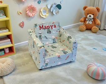 Personalized Toddler Fold Out Chair - Washable 100% Cotton Slip Cover, Lightweight, Perfect for Playrooms & Bedrooms - Skater Bear