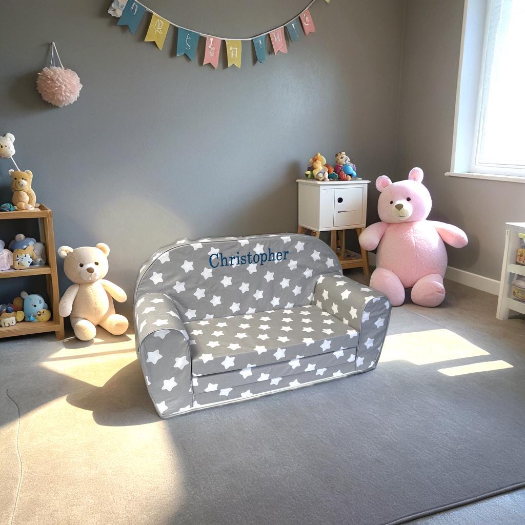 Personalized Toddler Fold Out Couch - Washable 100% Cotton Slip Cover, Lightweight, Perfect for Playrooms & Bedrooms - Gray with Stars