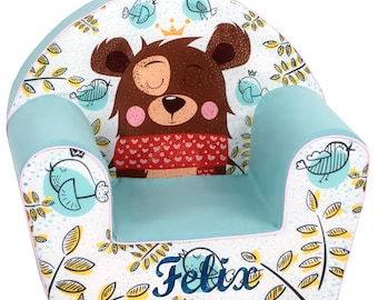 Personalized Toddler Foam Chair: Teddy Bear Design, Washable Cotton Cover