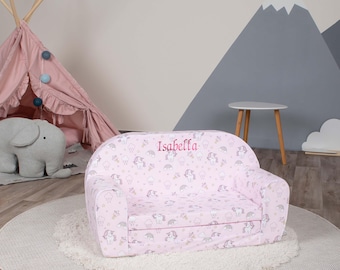 Personalized Unicorn Toddler Sofa: Fold Out Couch, Washable Cotton Cover