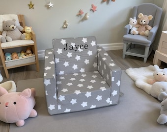 Personalized Toddler Fold Out Chair - Washable 100% Cotton Slip Cover, Lightweight, Perfect for Playrooms & Bedrooms - Gray with Stars