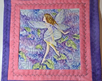 Fairy in Flowers Pink Mug Rug Mini Art Quilt 9 X 9 in.