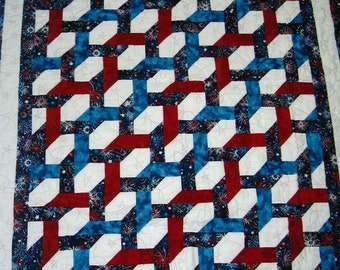 Handmade Quilted Twin Sofa Throw, Fireworks red white blue