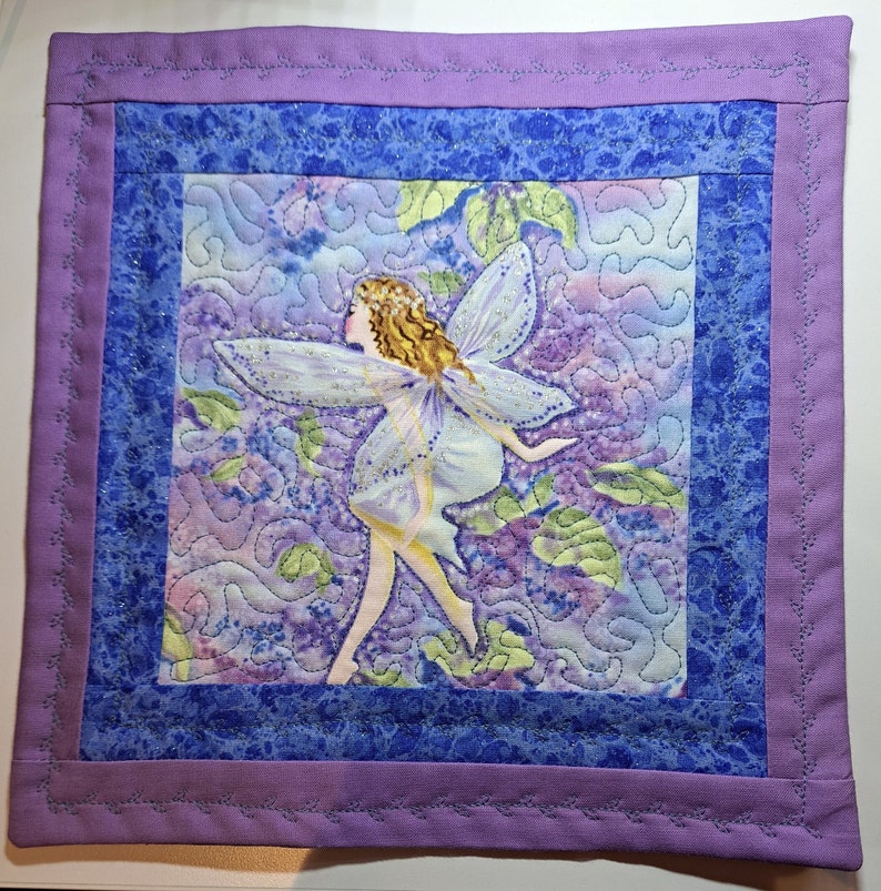 Fairy in Flowers Bllue Mug Rug Mini Quilt 9 X 9 in. image 3