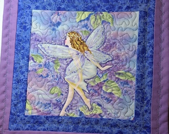 Fairy in Flowers Bllue Mug Rug Mini Quilt 9 X 9 in.