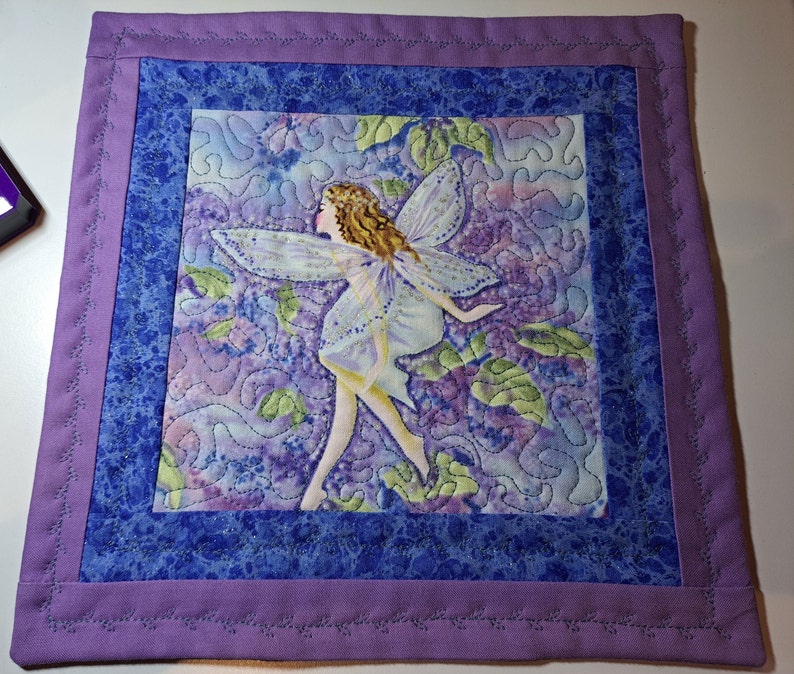 Fairy in Flowers Bllue Mug Rug Mini Quilt 9 X 9 in. image 4