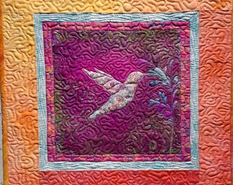 Hummingbird Quilted Wall Art, Dawn Colors Mini Quilt 14 x 14 in.