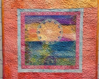 Mandala Quilted Wall Art, Dawn Colors Mini Quilt 14 x 14 in.