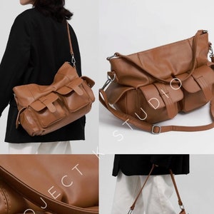 Bandoulière tendance en cuir végétalien | Fourre-tout en cuir végétalien lisse pour ordinateur portable | Sac à bandoulière grande capacité avec plusieurs poches