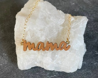 Mama or Mom Necklace in gold or silver with wood | name plate necklace | Mother’s Day | mom gift | birthday gift | new mom | push present