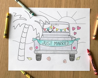 Wedding Coloring Sheet Printable - Just Married Vintage Beach Truck