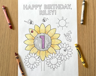 Birthday Coloring Sheet Printable -  Personalized Sunflower Themed Coloring Page | Kids Birthday | Boy Girl Birthday | Print at Home