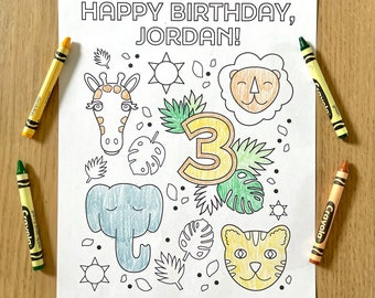 Birthday Coloring Sheet Printable -  Personalized Safari Themed Coloring Page | Kids Birthday | Boy Girl Birthday | Print at Home | Jungle