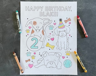 Birthday Coloring Sheet Printable -  Personalized Puppy Themed Coloring Page | Kids Birthday | Boy Girl Birthday | Print at Home | Puppies