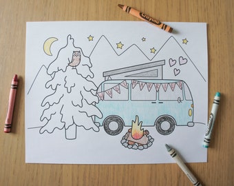 Wedding Coloring Sheet Printable - Just Married Mountain Camper Van Westfalia Camping